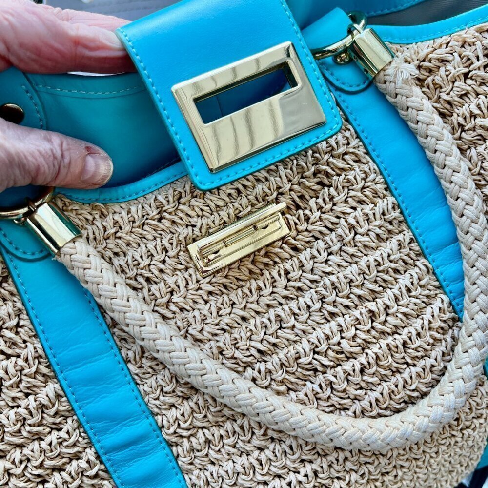 Talbots Large Woven Paper Straw Tote Bag Turquoise Blue Leather Trim Gold - Picture 3 of 12